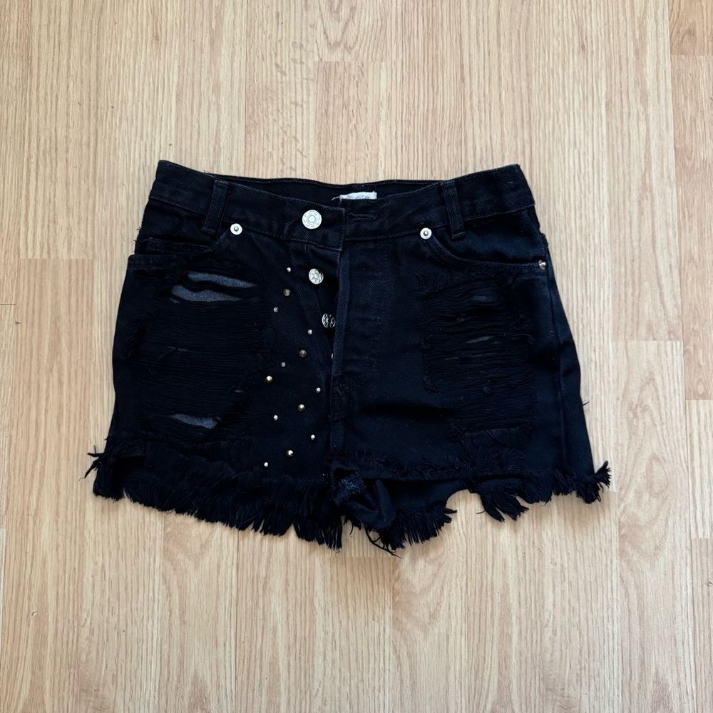 Black Distressed and studded Denim Shorts